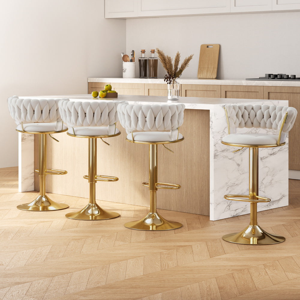 Arlo 4x Bar Stools Gas Lift Velvet Woven Backrest Ivory