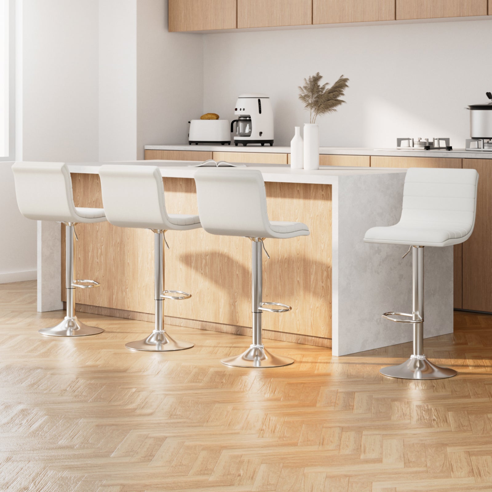 Meridian Lined Pattern Leather Bar Stools – White – Set of 4