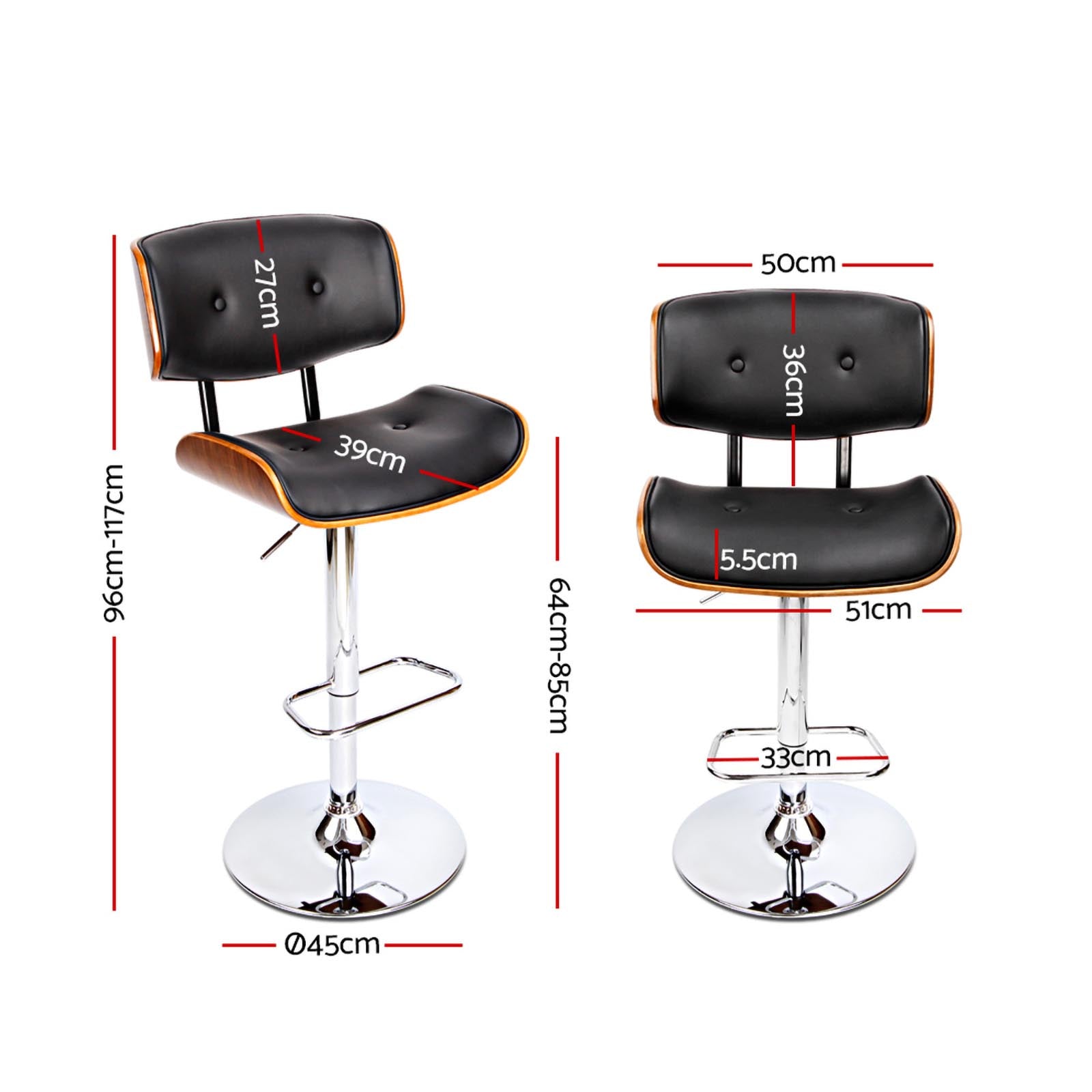Alderon Gas Lift Bar Stools – Black & Chrome – Set of 2