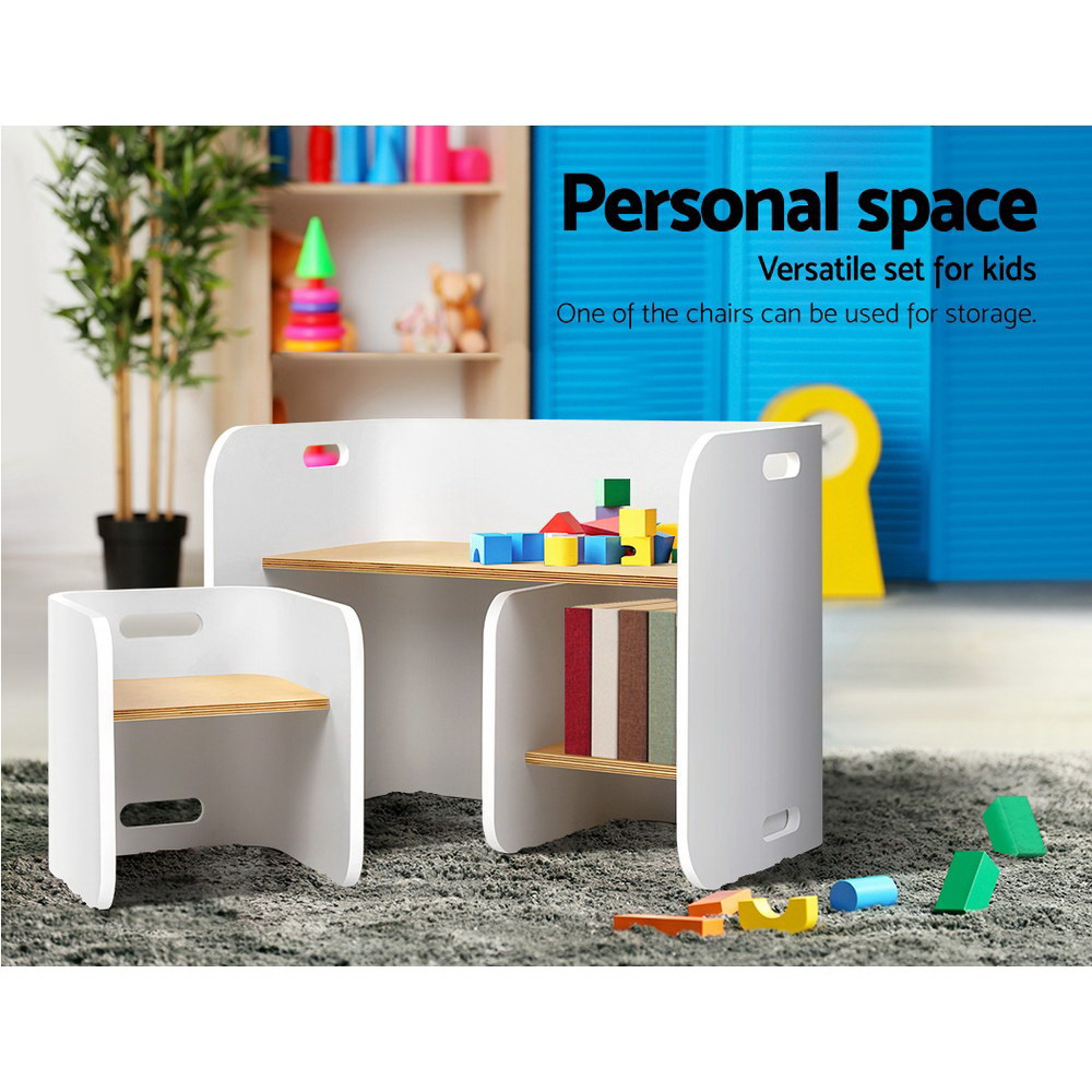 Marlo Kids Table and Chairs Set – White – Storage Desk – 3 Piece