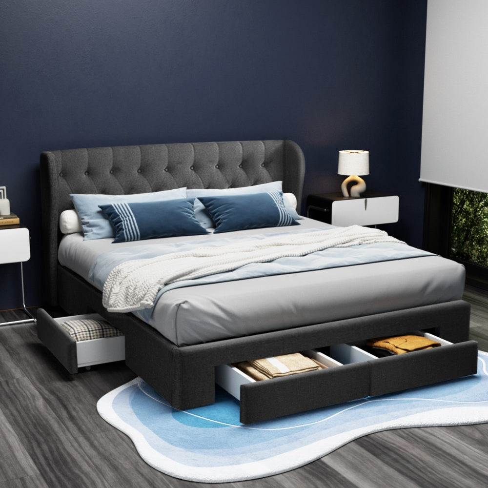 Mila Linen Bed Frame with 4 Drawers – Charcoal – King
