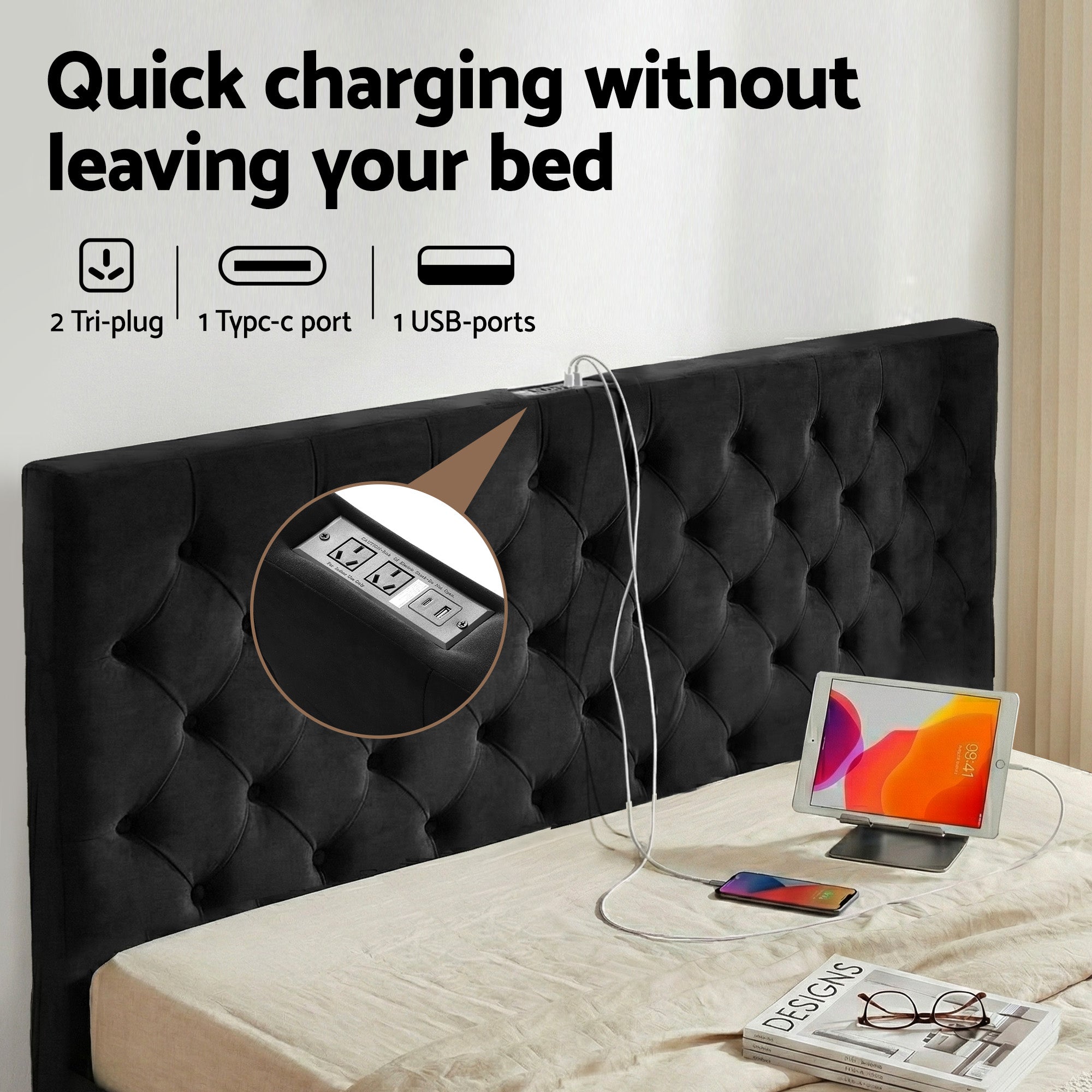 Luna Storage Bed Frame with Charging Station and 3 Drawers – Grey – King