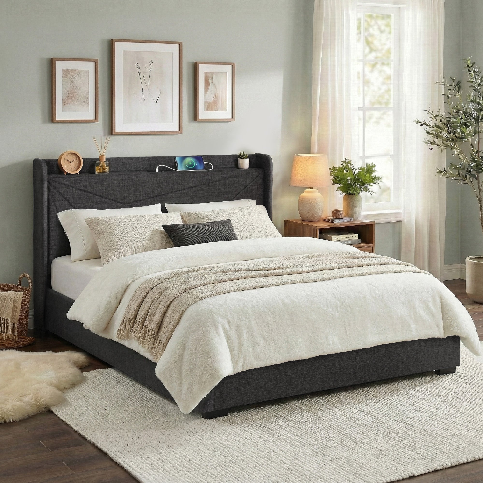 Linden Bed Frame Gas Lift Storage Bed with Charging Ports Upholstered Geometric Headboard Charcoal Grey – King