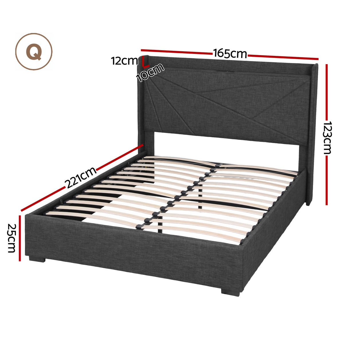 Rowan Gas Lift Storage Bed Frame – Charcoal Grey – Queen