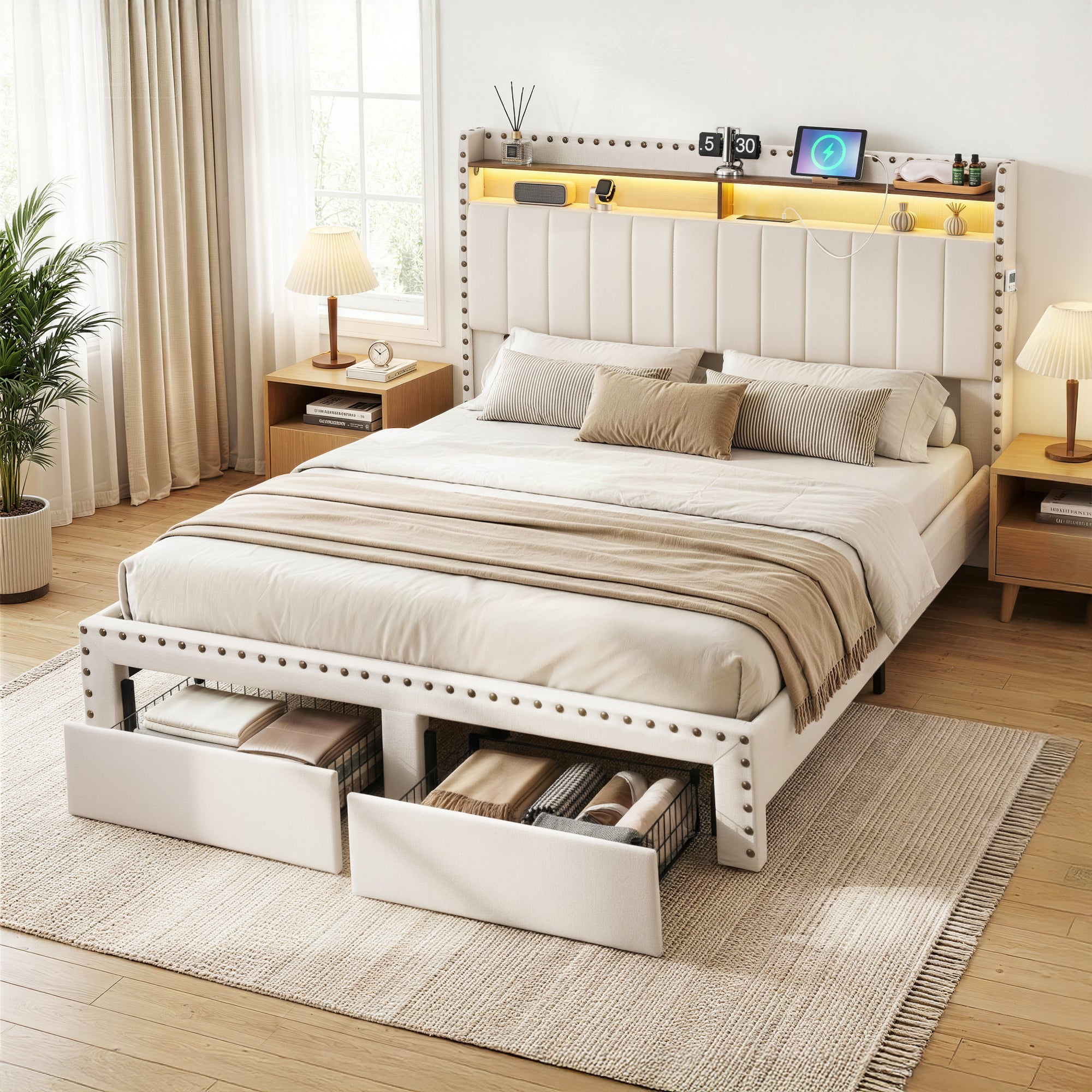 Linden Upholstered Bed Frame with Shelf Storage Drawers Charging Station Mood Lighting Linen – Queen