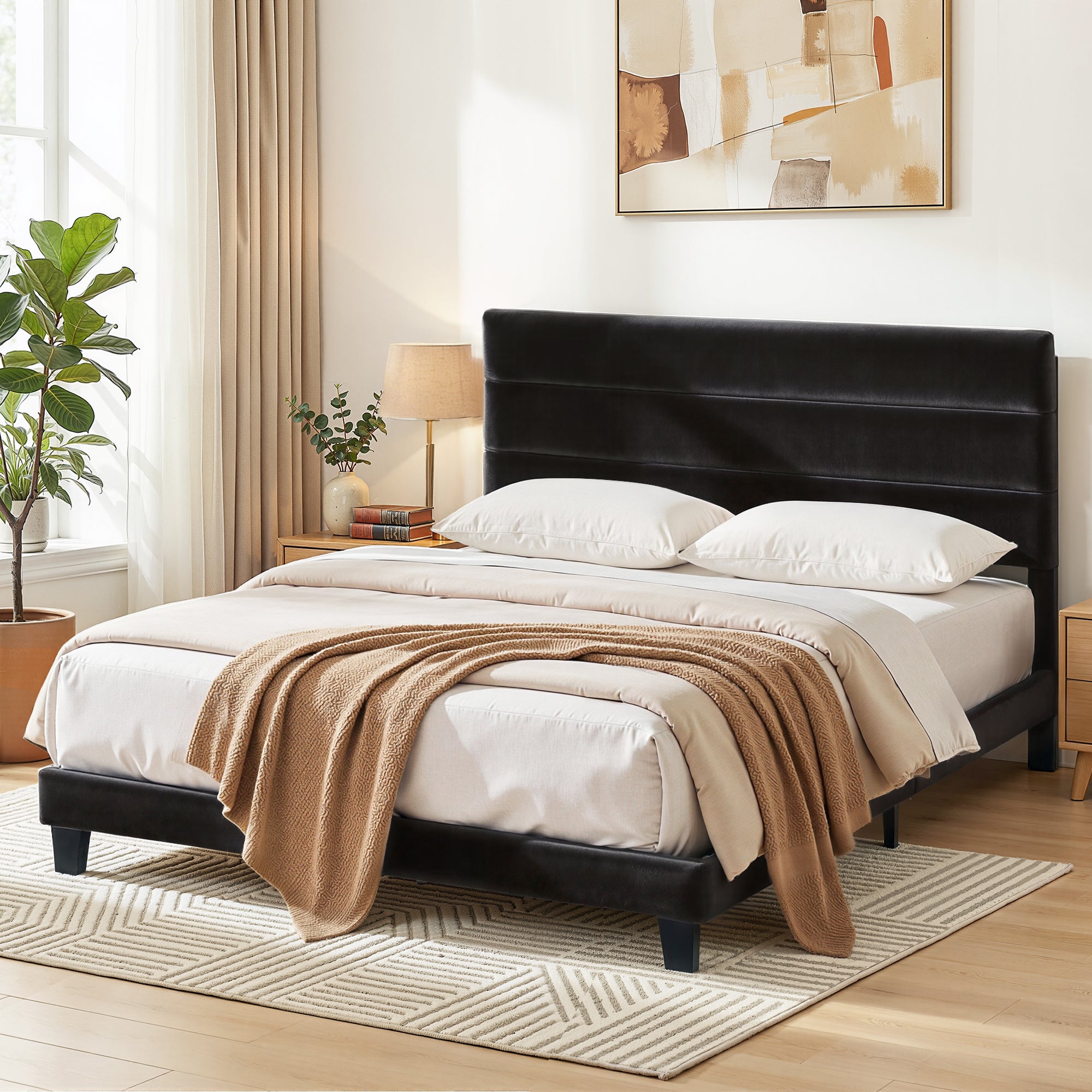 Haven Bed Frame Upholstered Platform Base with Geometric Headboard Black Velvet – King