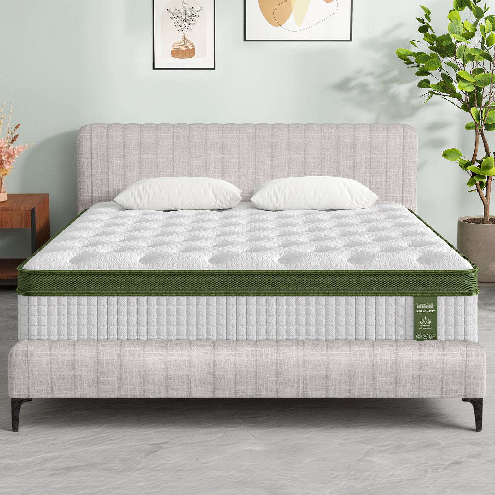 BedStory Bed Frame with Mattress Set Platform Base Pocket Coil Linen Upholstered – Queen
