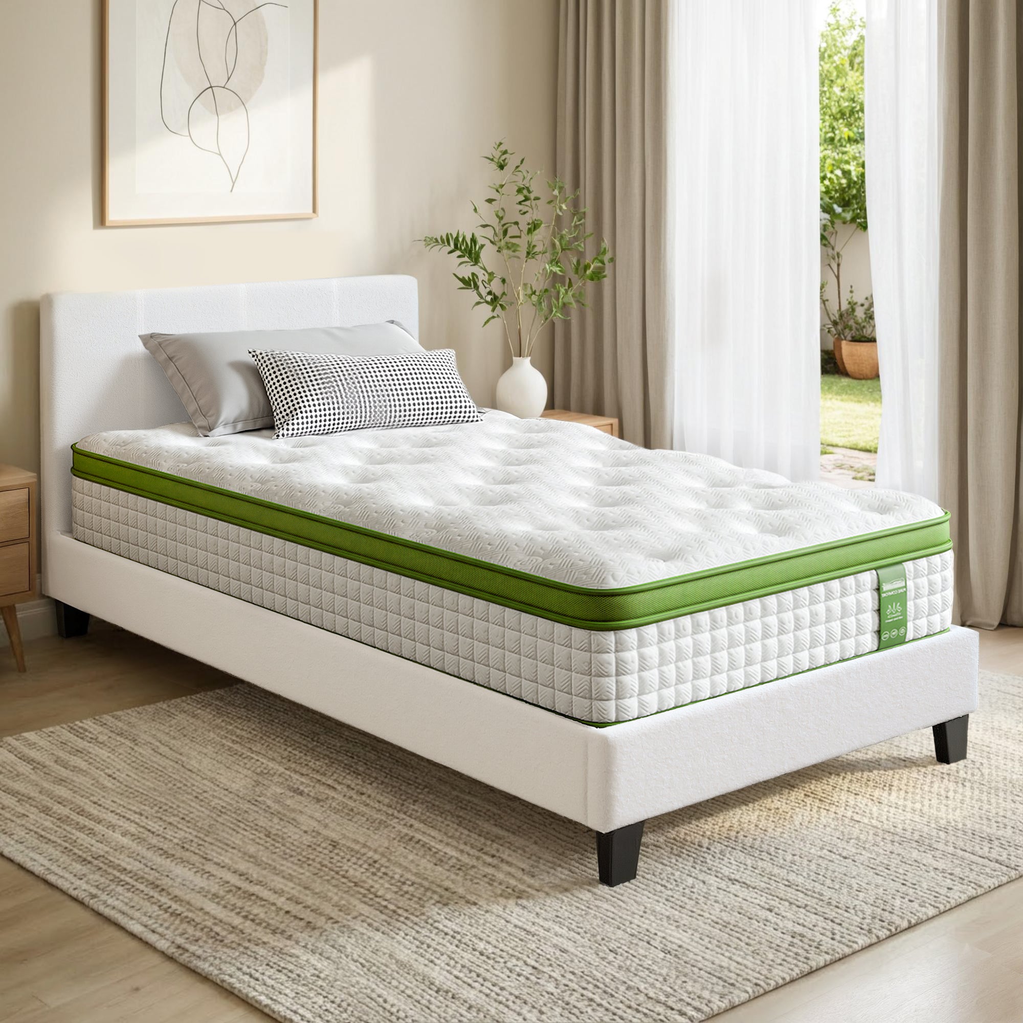 Nova Bed Frame with Hybrid Mattress Set 30cm Medium Firm Platform Headboard Boucle Upholstered Pocket Coil for Pressure Relief – Single