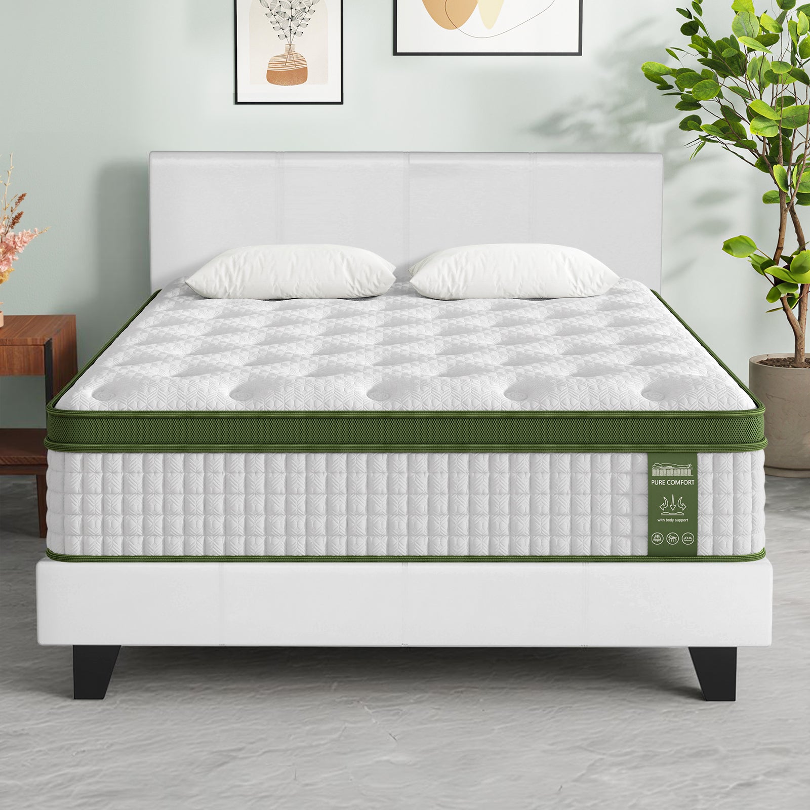 BedStory Bed Frame Set with Hybrid Mattress and Leather Frame Medium White – Queen