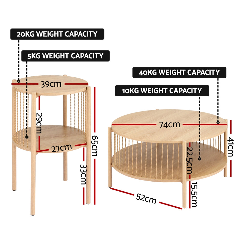 Rope Round Coffee Table Set – Brown / Wood – Set of 2