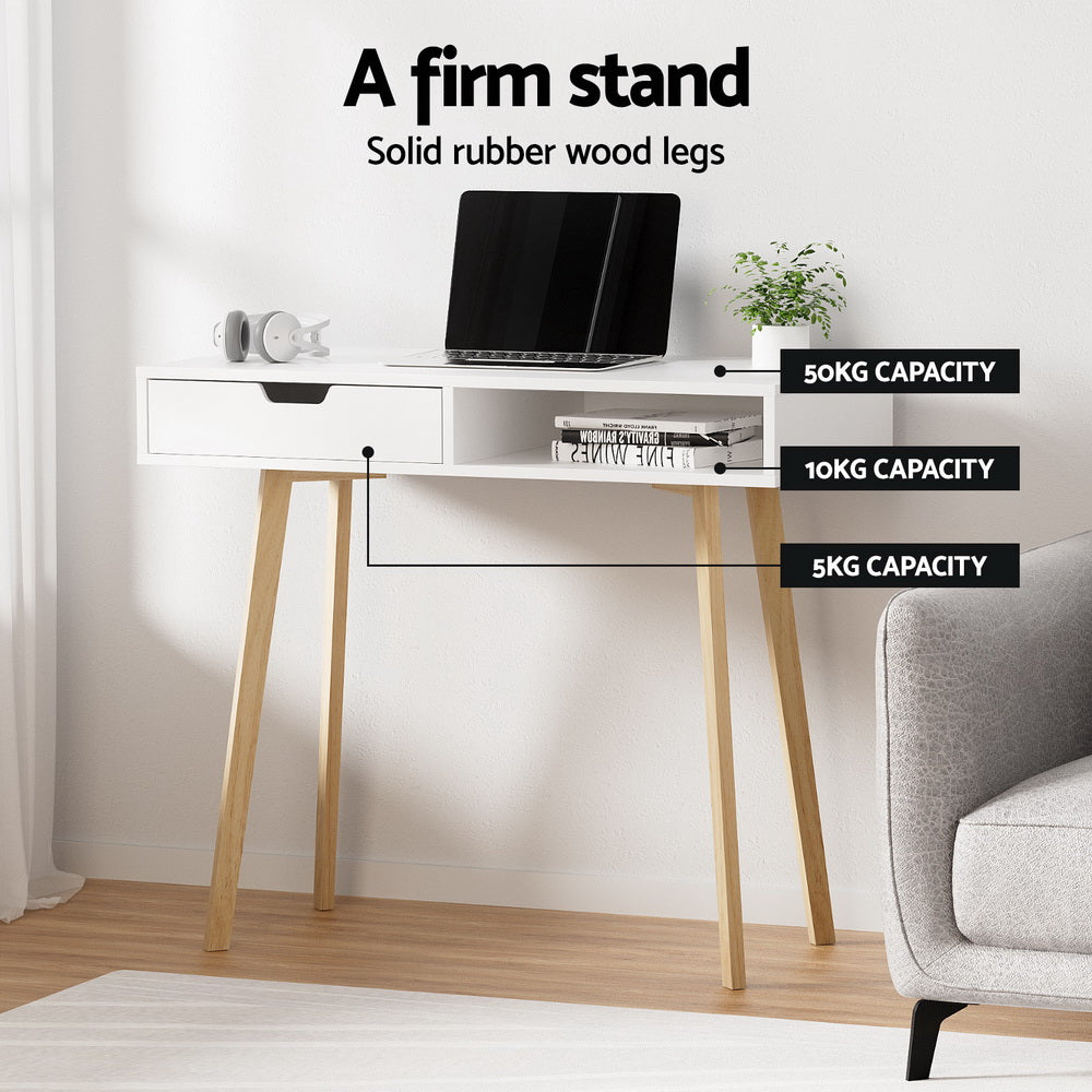 Nordic Computer Desk with Drawer & Shelf 90cm – White & Oak