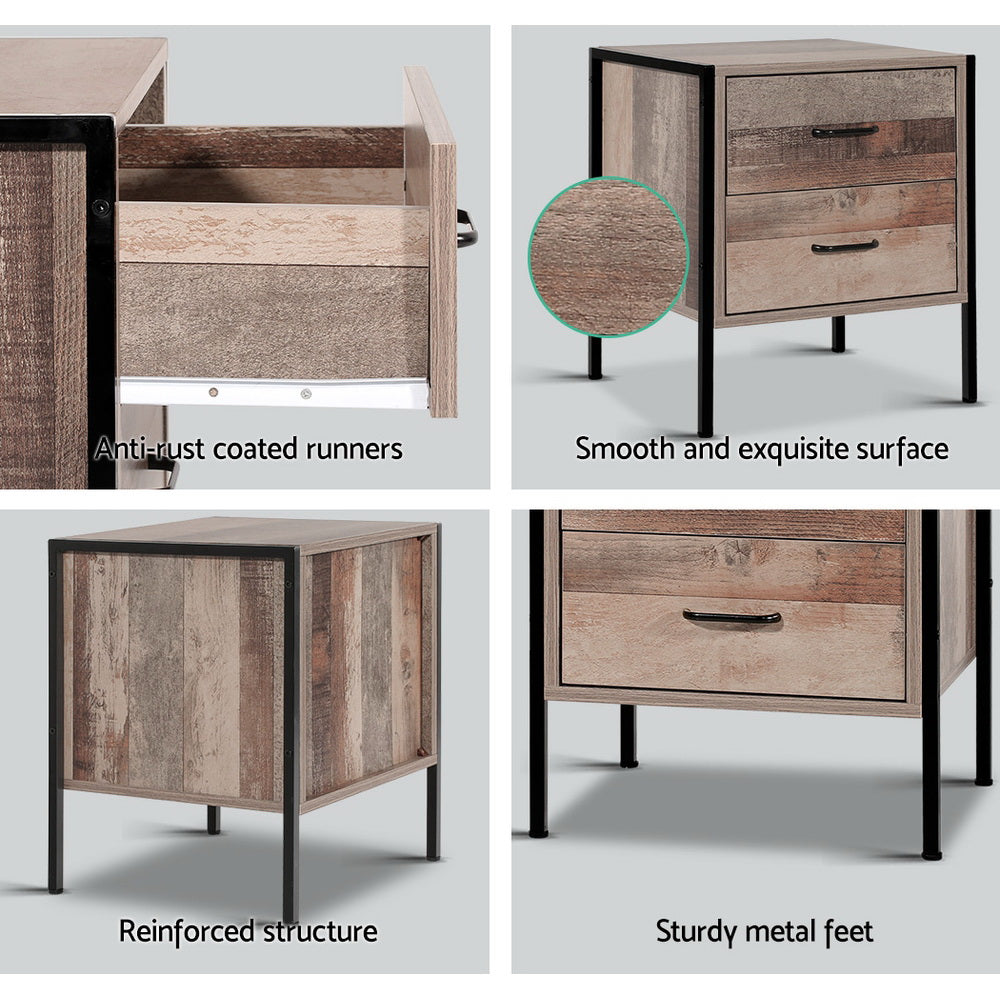 Fletcher 2 Drawer Bedside Table – Oak – Metal Frame