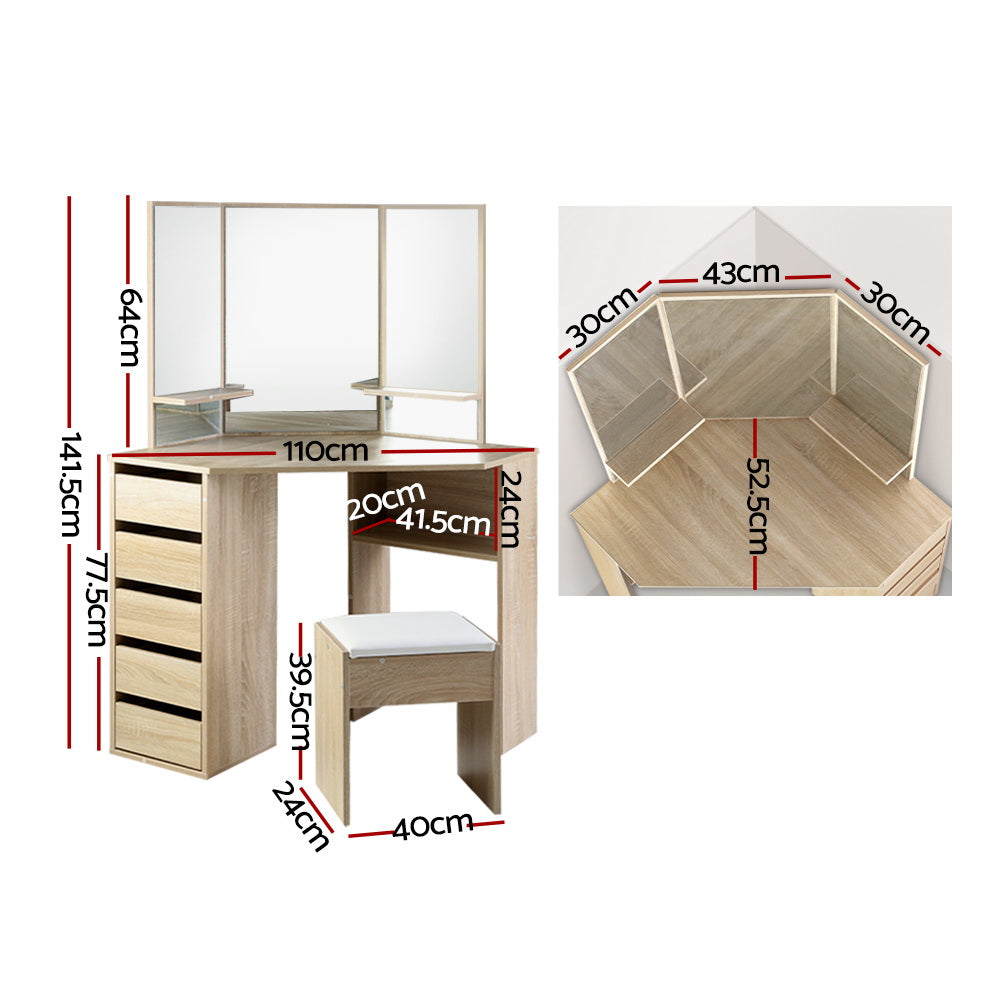 Bellaire Corner Dressing Table Set – Oak – 5 Drawers with Stool