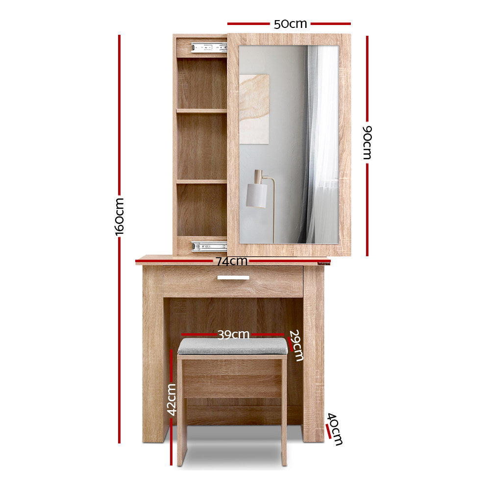 Halston Dressing Table & Stool Set with Sliding Mirror – Oak – 74 cm