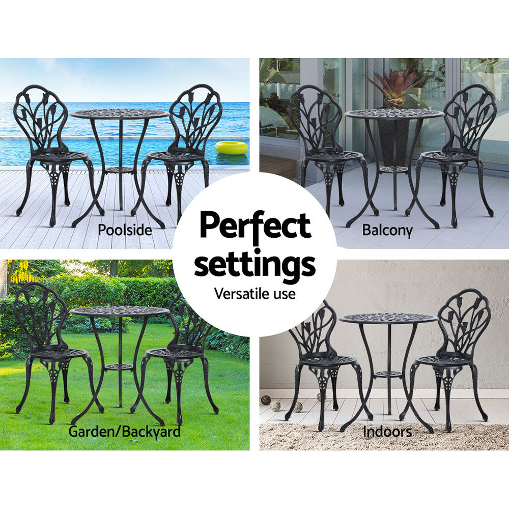 Celano Cast Aluminium Bistro Set – Black – 3 Piece
