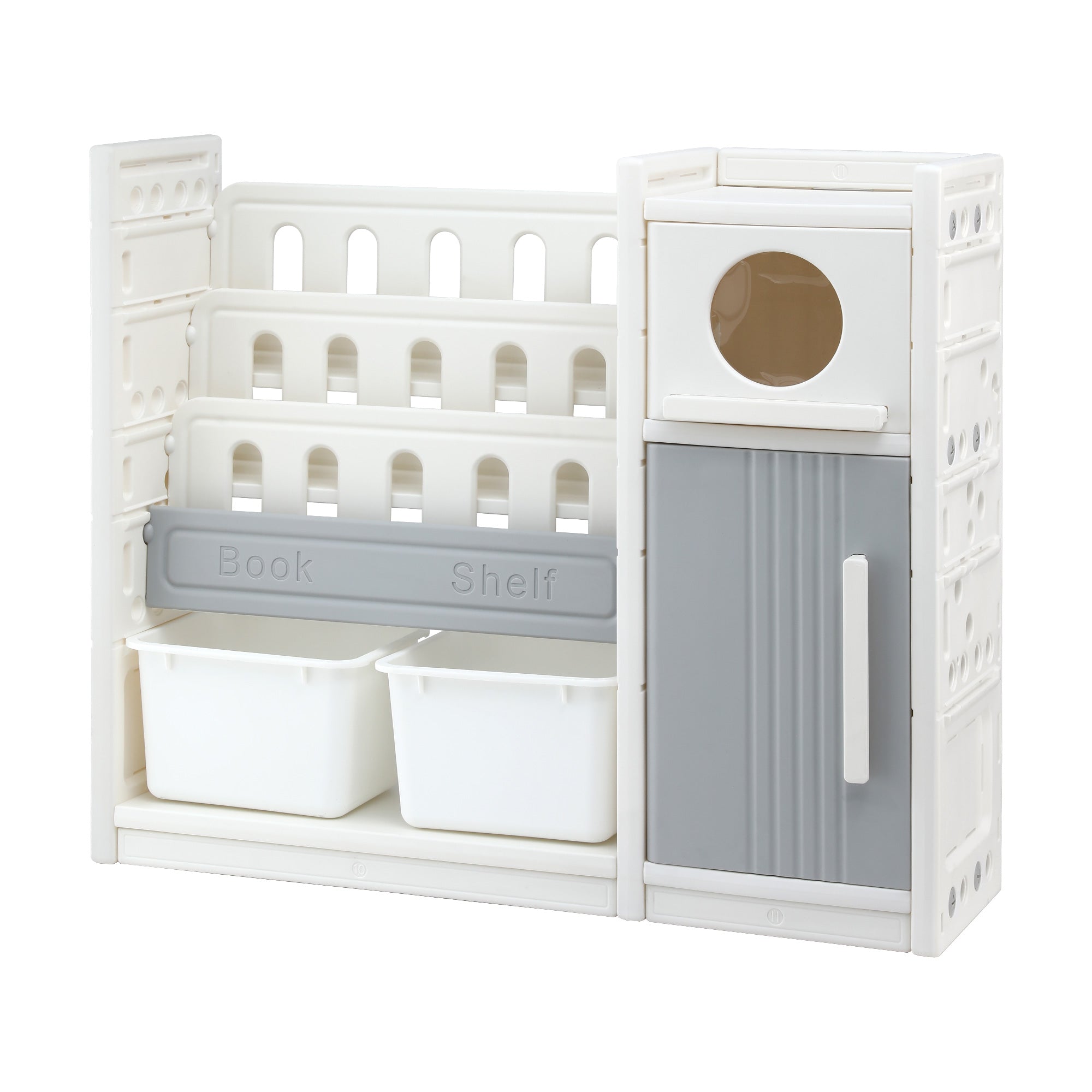 Kids Bookshelf and Toy Storage Organizer with 3 - Tier Bookshelvs, 2 Removable Bins and 2 Storage Cabinets, Toddler Bookshelf with Toy Organizer for Kids' Rooms, Playrooms