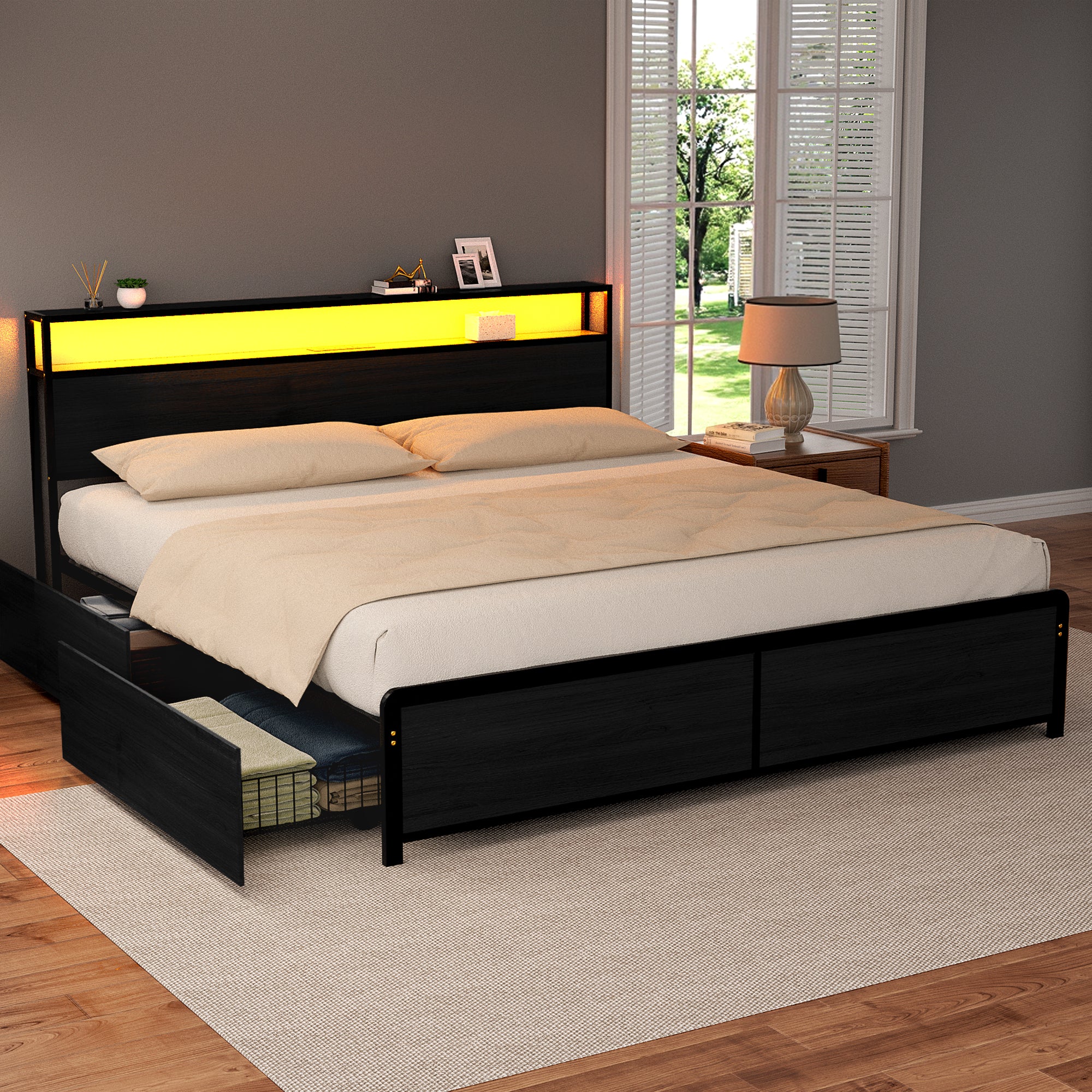 Atlas Metal Bed Frame Storage Headboard Charge Station LED 4 Drawers – King