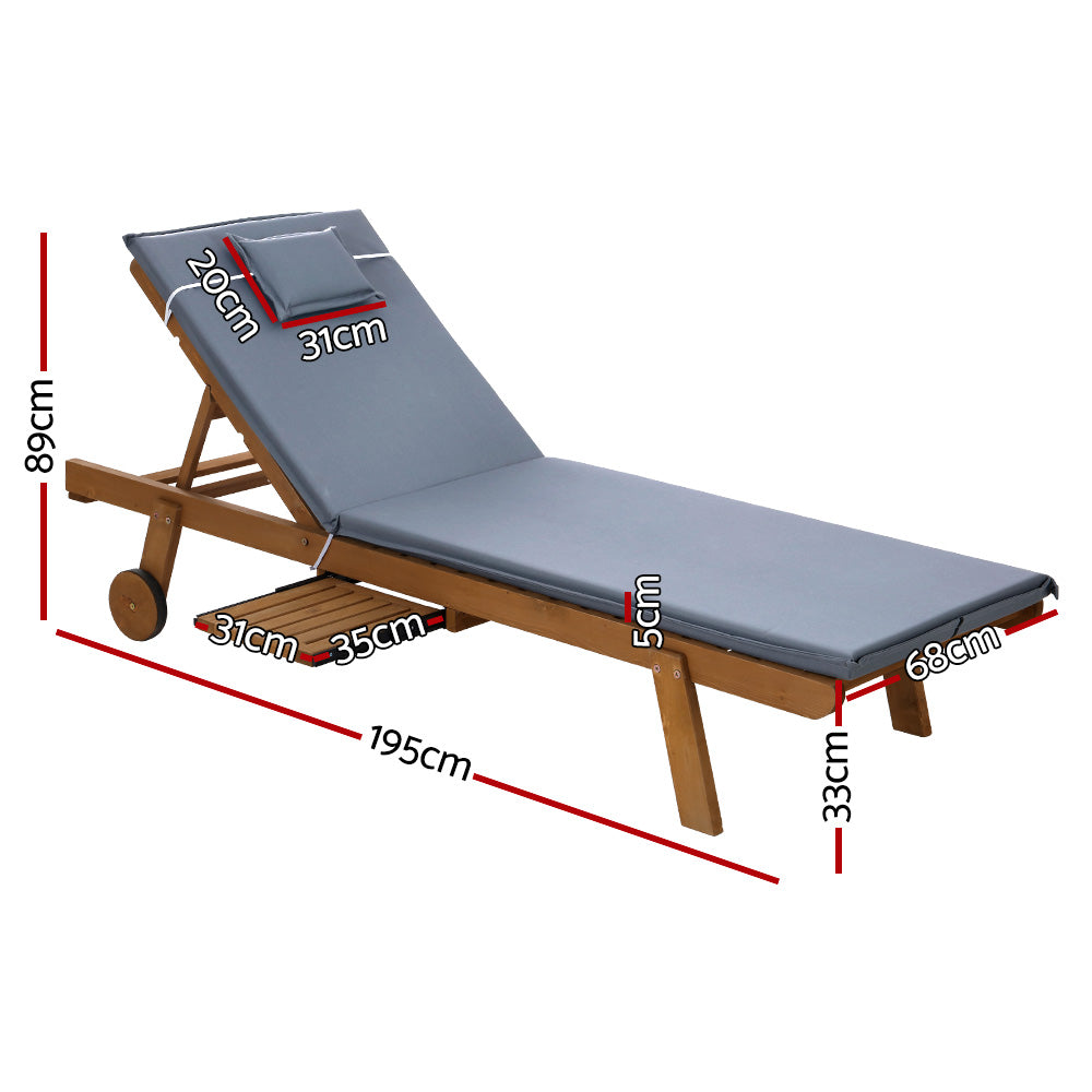 Cortina Wooden Sun Lounger – Grey Cushion – Wheels