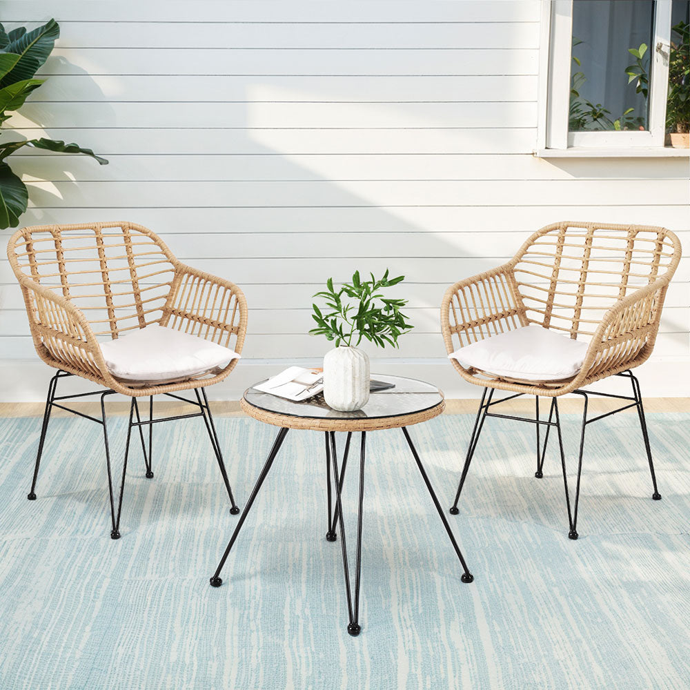 Linden 3PC Outdoor Furniture Bistro Set Lounge Setting Table Chairs Cushion Patio Grey