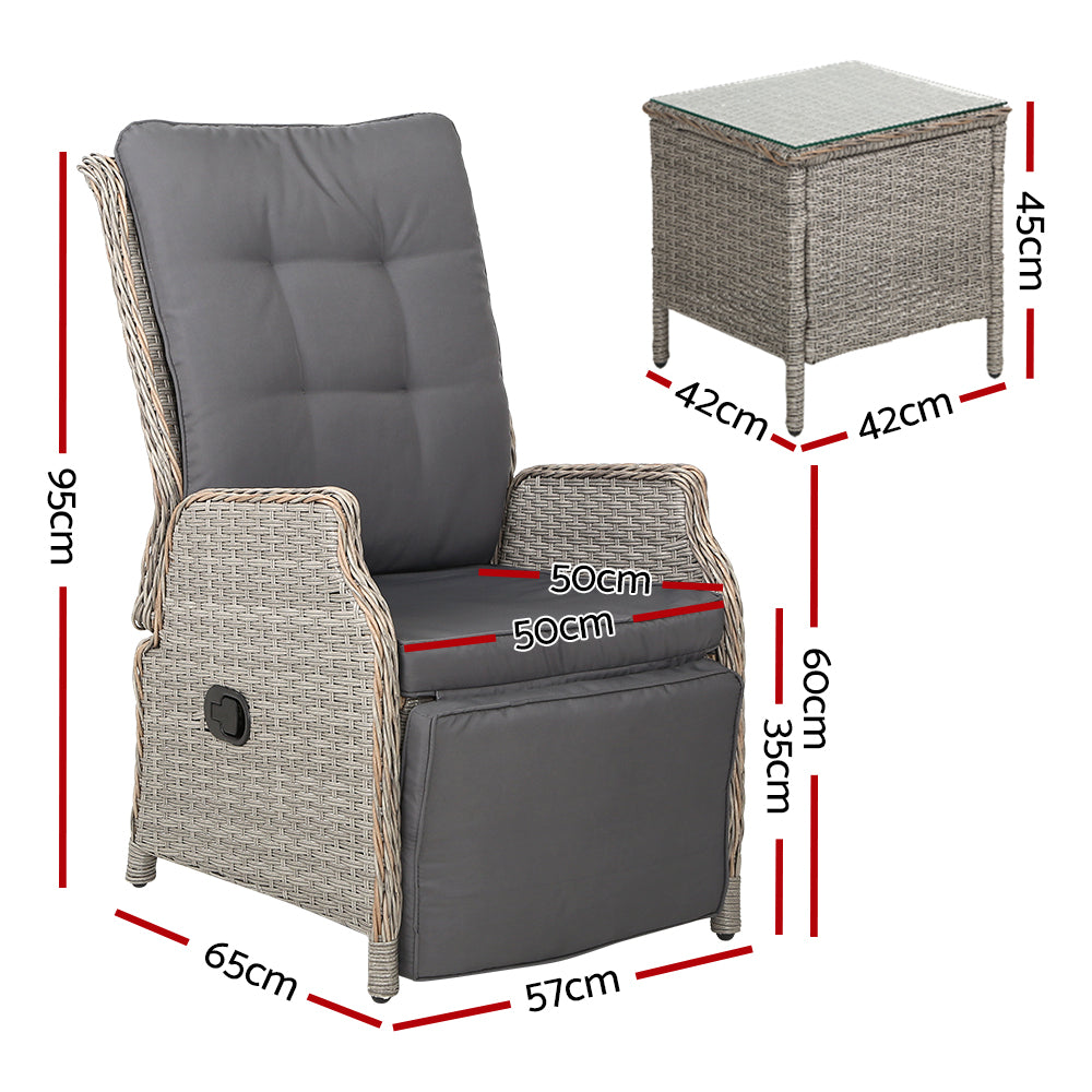 Palermo Outdoor Recliner Set with Table – Wicker Grey – 3 Piece