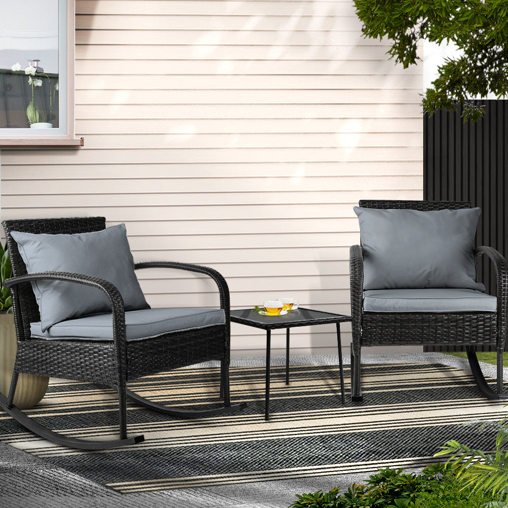Nova 3PC Rocking Chair Table Wicker Outdoor Furniture Patio Bistro Set Black