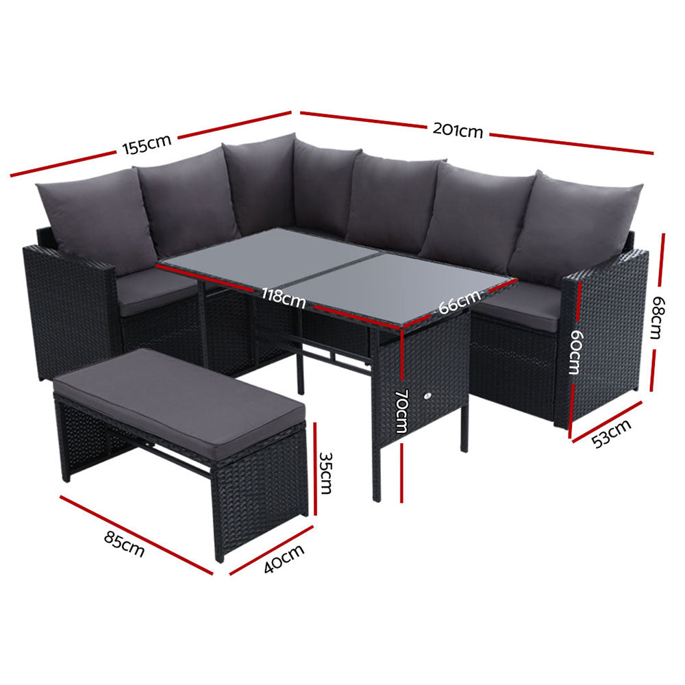 Oceana Outdoor Sofa Dining Set – Black – 9 Seater with Bench