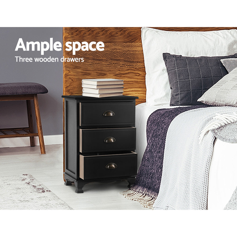 Cordelia Vintage Bedside Table – Black – 3 Drawers