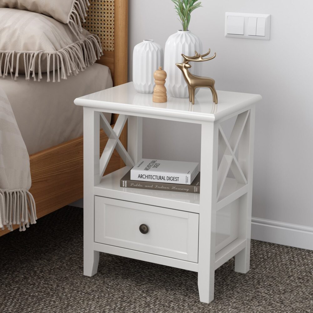 Nara 2-Tier Bedside Tables with Storage Drawer – White – Set of 2