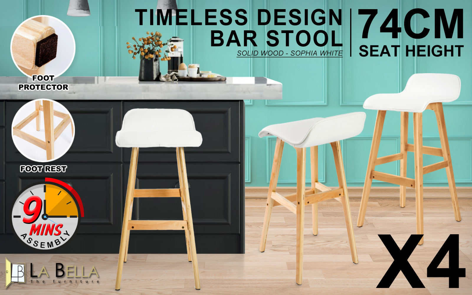 Hudson Leather Wooden Bar Stools – White – Set of 4