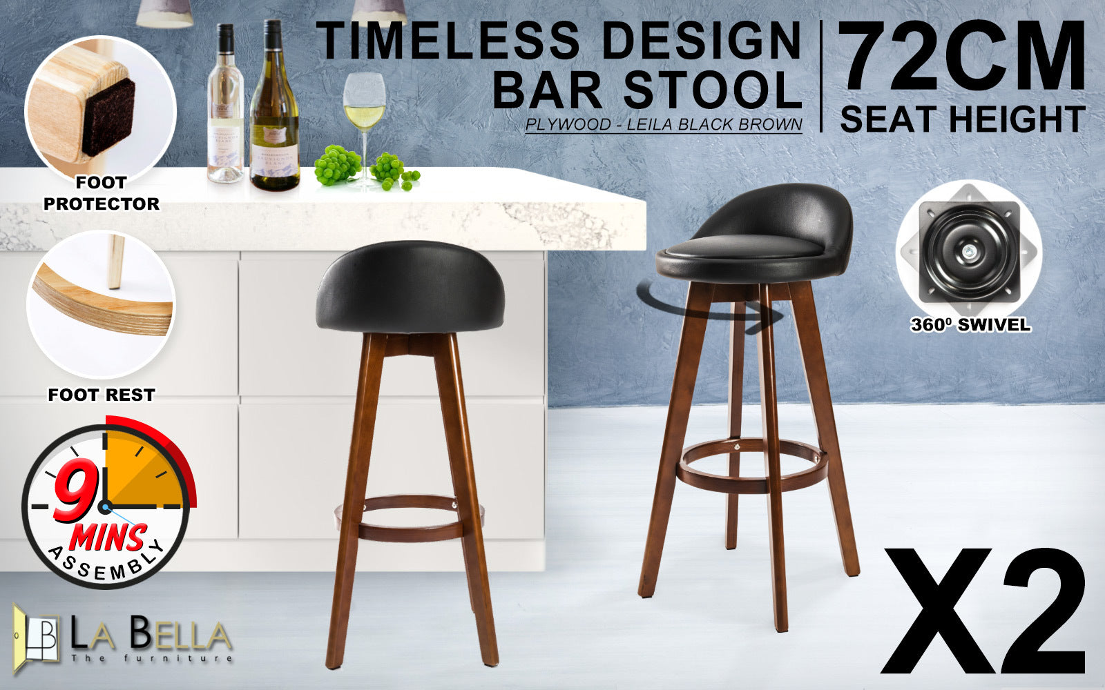 Marston Leather Bar Stools – Brown – Set of 2