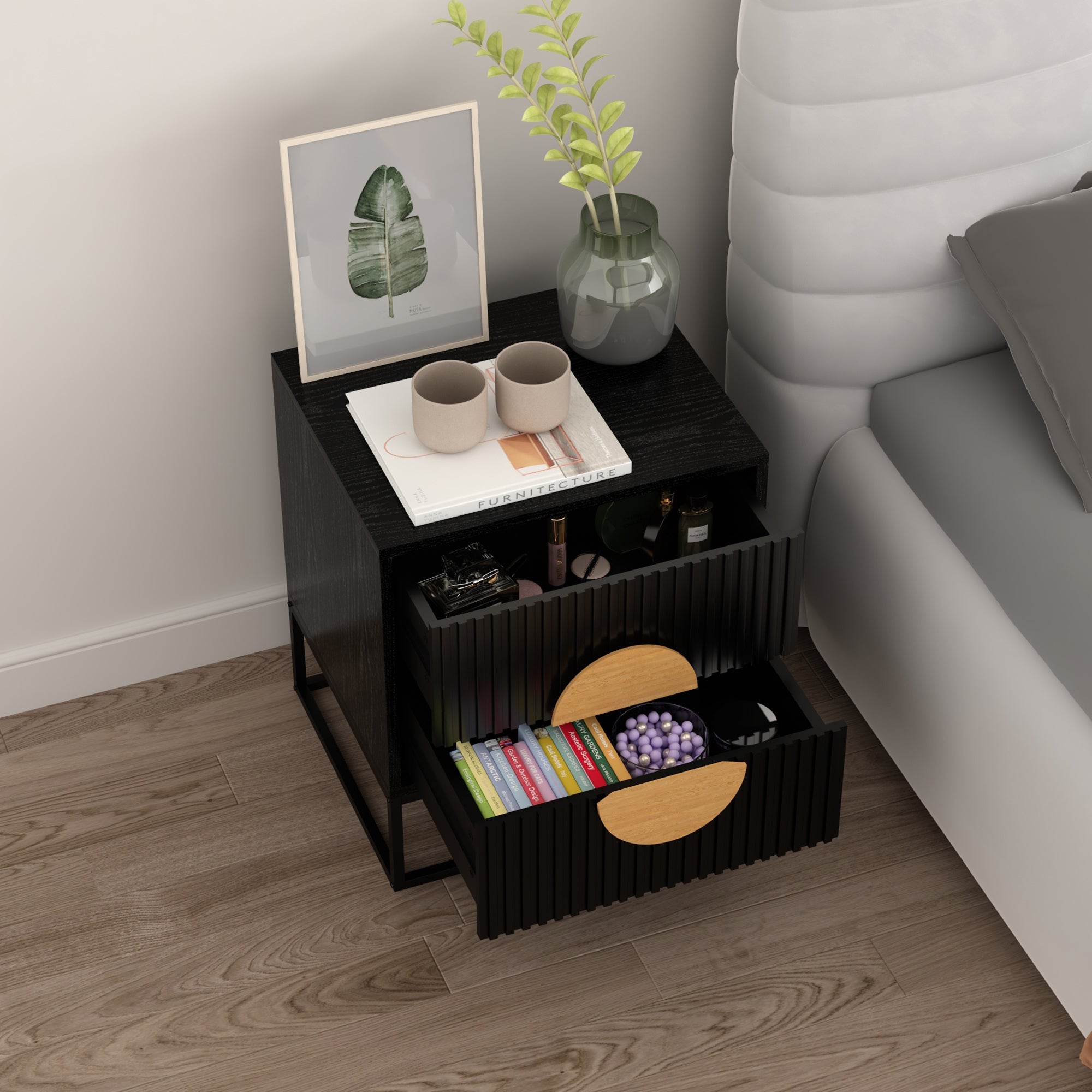 Halston Fluted Bedside Table – Black