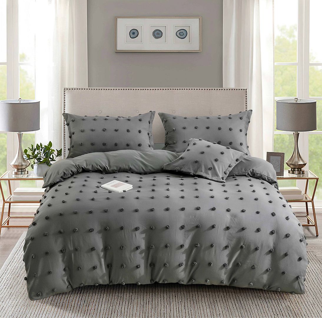 Elvara Tufted Dot Jacquard Quilt Cover / Duvet Cover Set – Charcoal – Super King