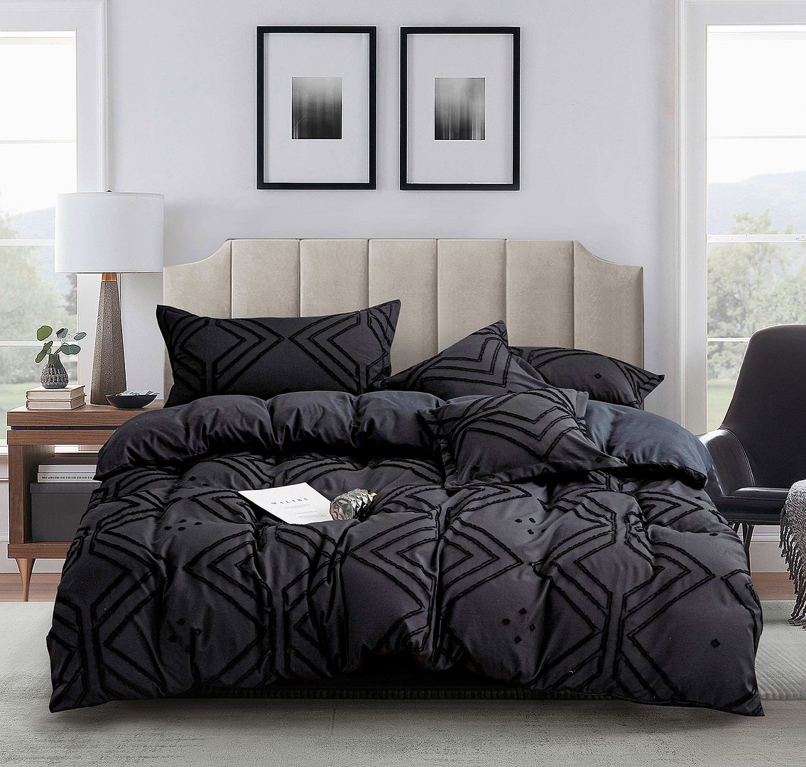 Tufted Textured Jacquard Black Duvet Quilt Cover Set – King