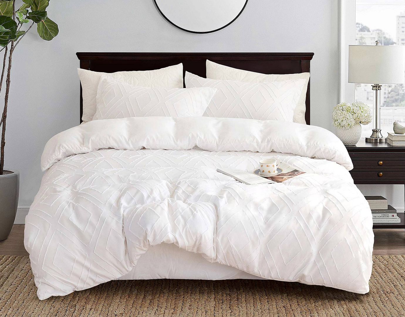 Tufted Diamond Jacquard White Duvet Quilt Cover Set – Queen
