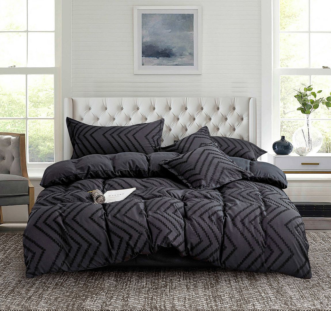 Tufted Boho Wave Jacquard Black Duvet Quilt Cover Set – Super King
