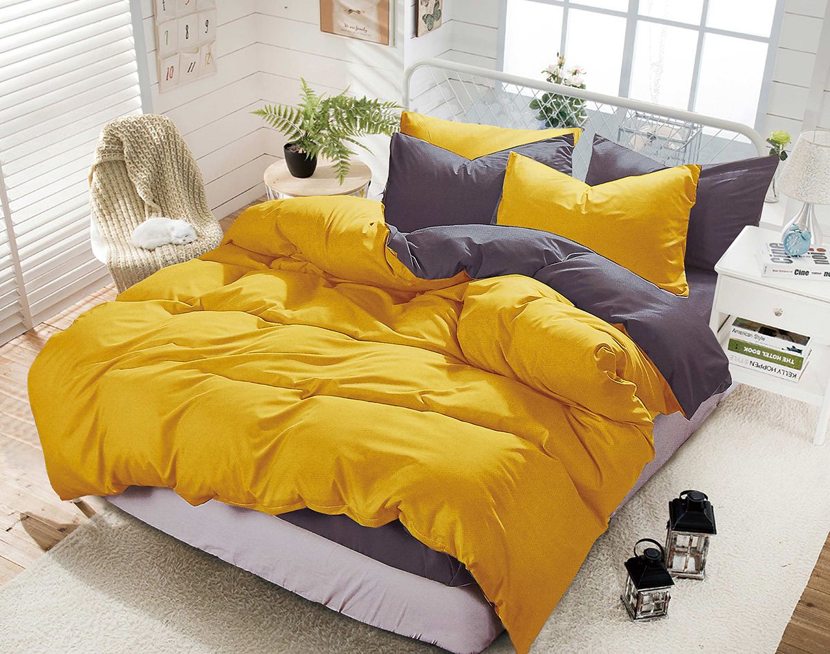 Nova 1000TC Reversible Yellow and Grey Duvet Quilt Cover Set – Queen