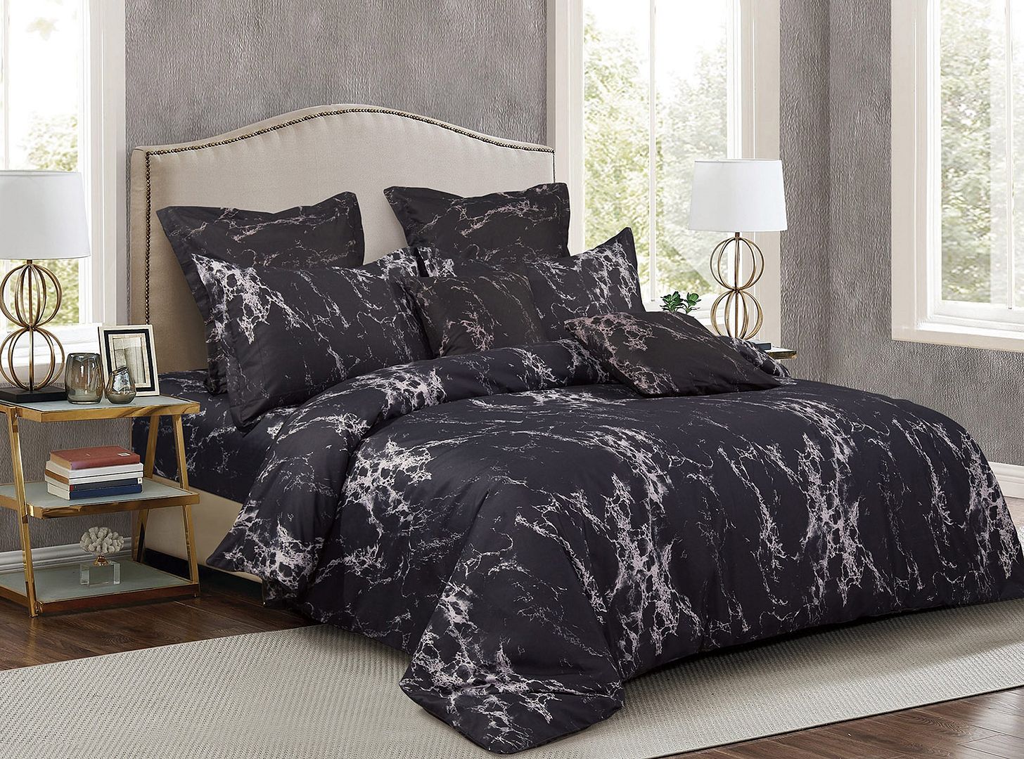 Kenton Duvet Quilt Cover Set – Black Marble – King