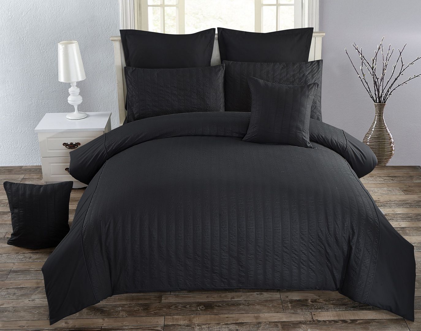 Seersucker Black Duvet Quilt Cover Set – Queen