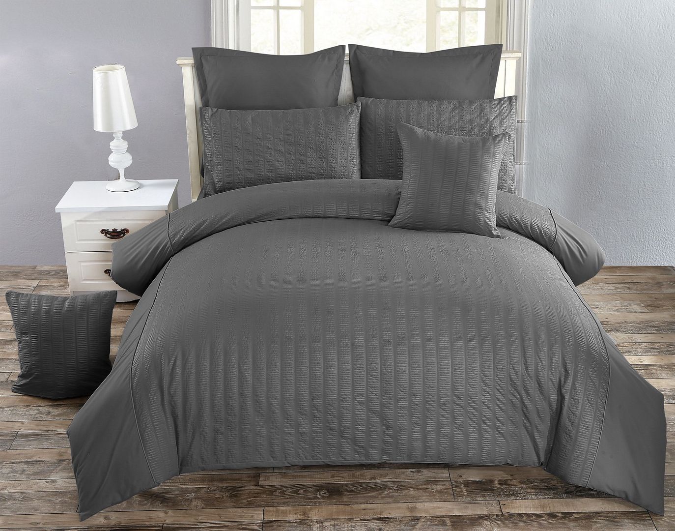 Seersucker Charcoal Duvet Quilt Cover Set – Queen