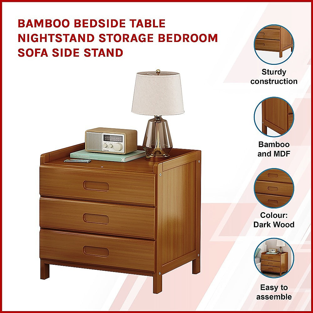 Aldora Bamboo Storage Bedside Table – Dark Wood – 40 cm