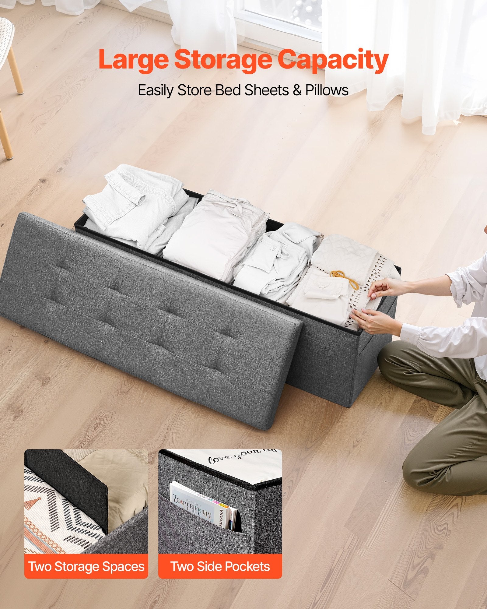Harlow Foldable Storage Ottoman Bench – Grey
