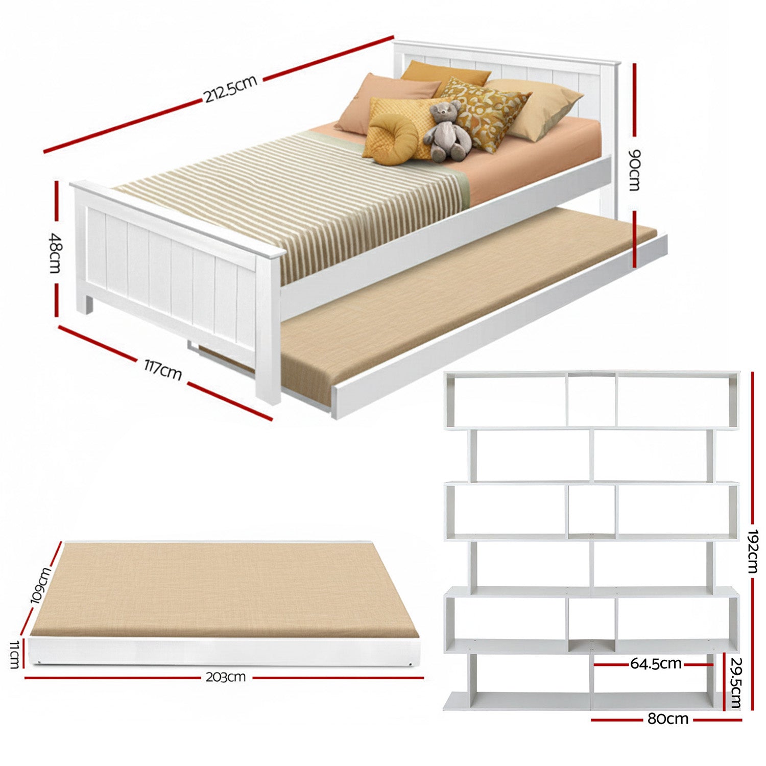 Harrison Trundle Bed Frame & Display Bookshelf Set – White – King Single