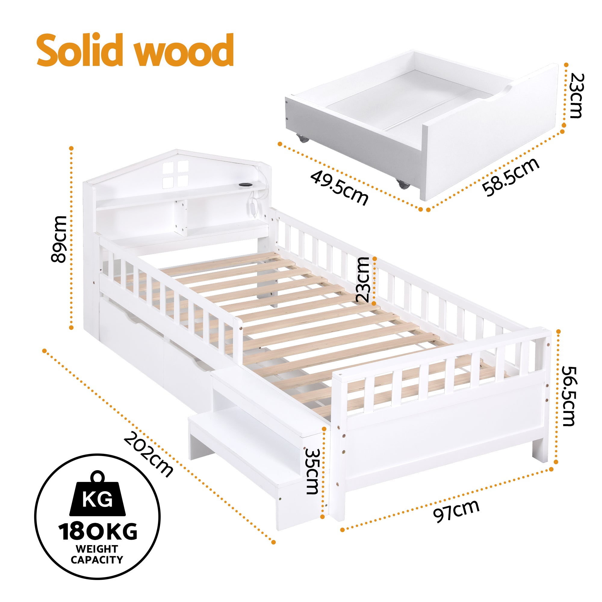 Arlo Montessori Bed Frame with Storage, LED & USB Ports – White – Single