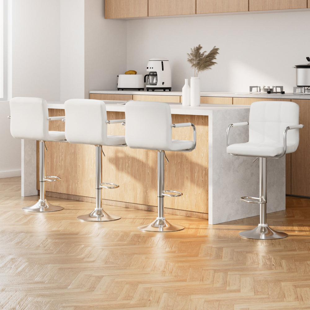 Cove 4x Bar Stools Leather Gas Lift w/Armrest White
