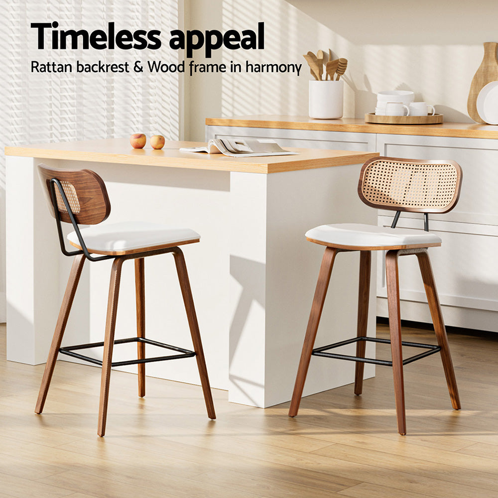 Torino Rattan Counter Bar Stools – Beige PU Leather – Set of 4