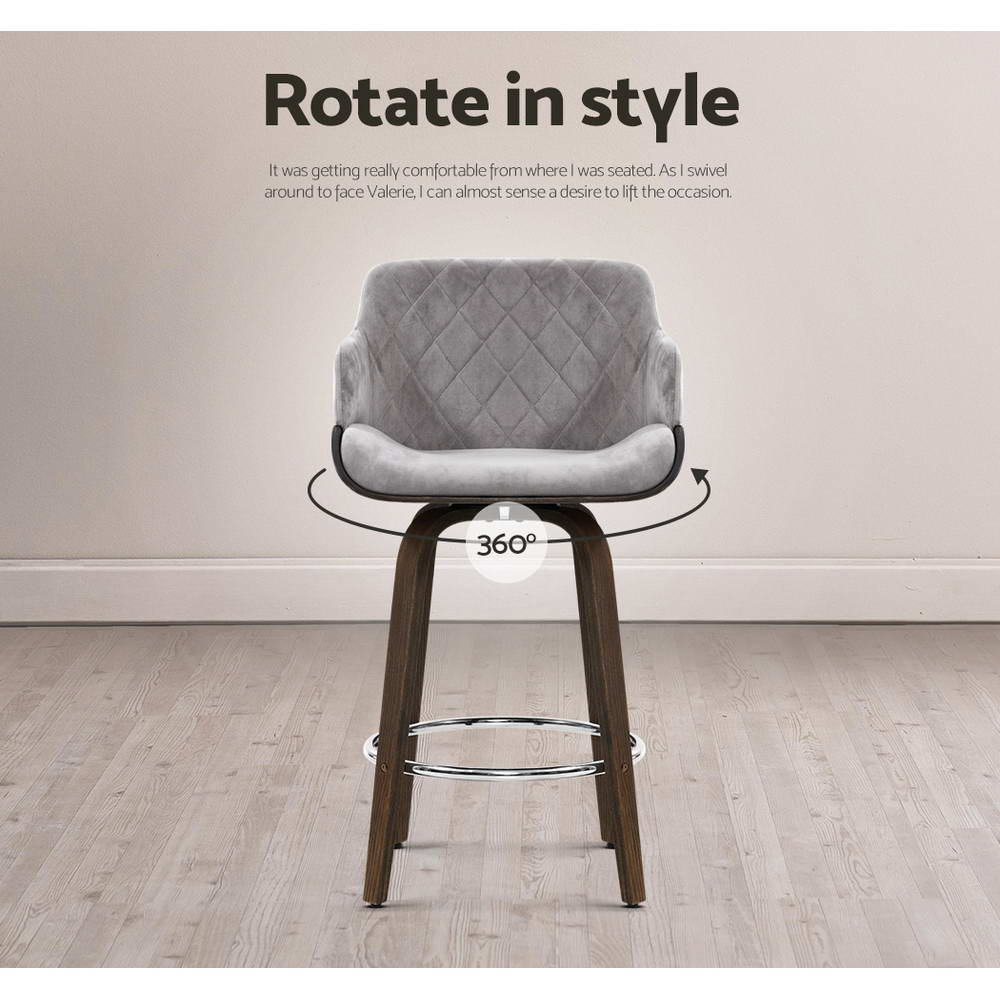 Arlo Velvet Wooden Bar Stools – Grey – Set of 2