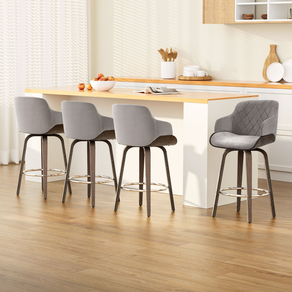Linden 4x Bar Stools Swivel Velvet Padded Wooden