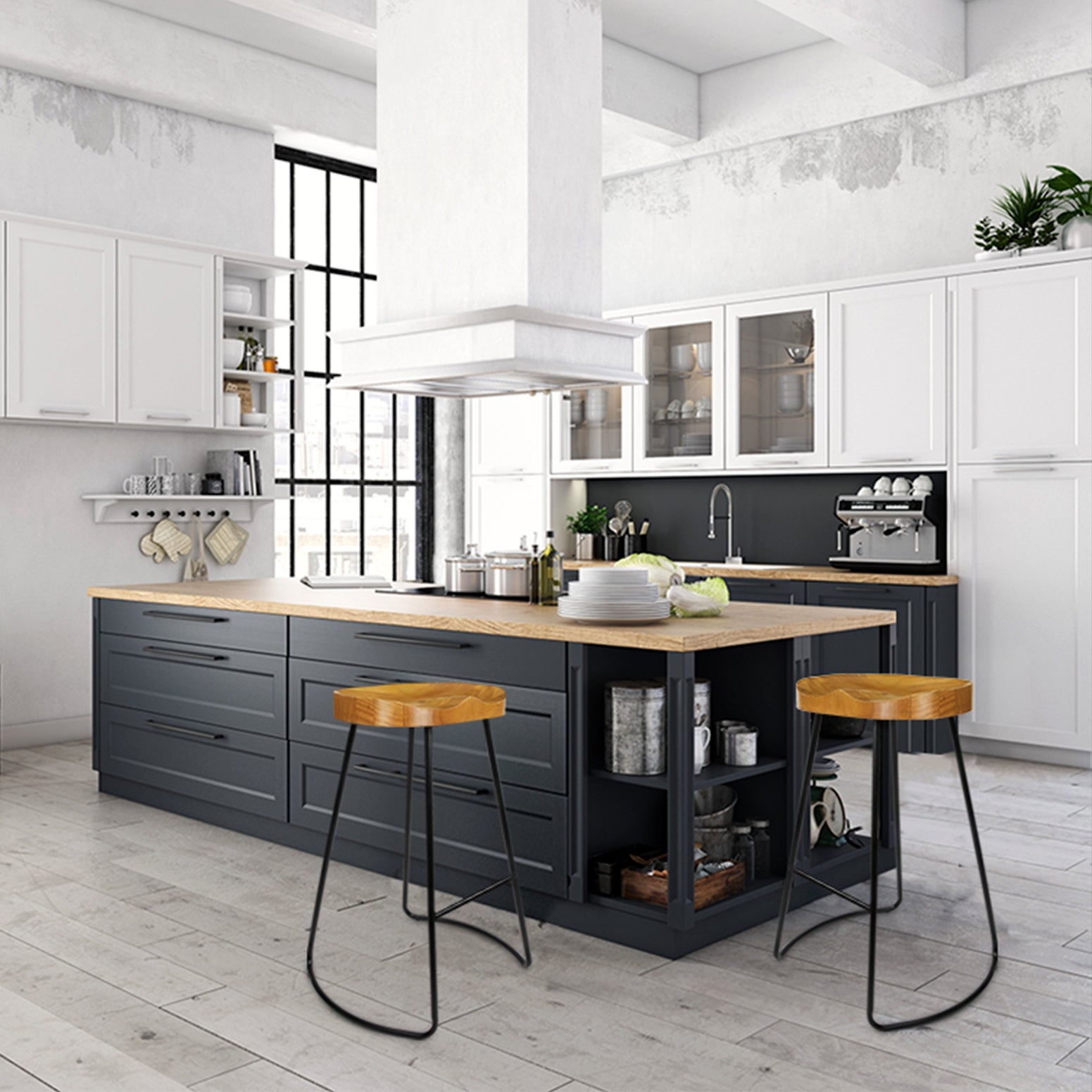 Zenith Elm Wood Backless Bar Stools – Black & Natural – Set of 4