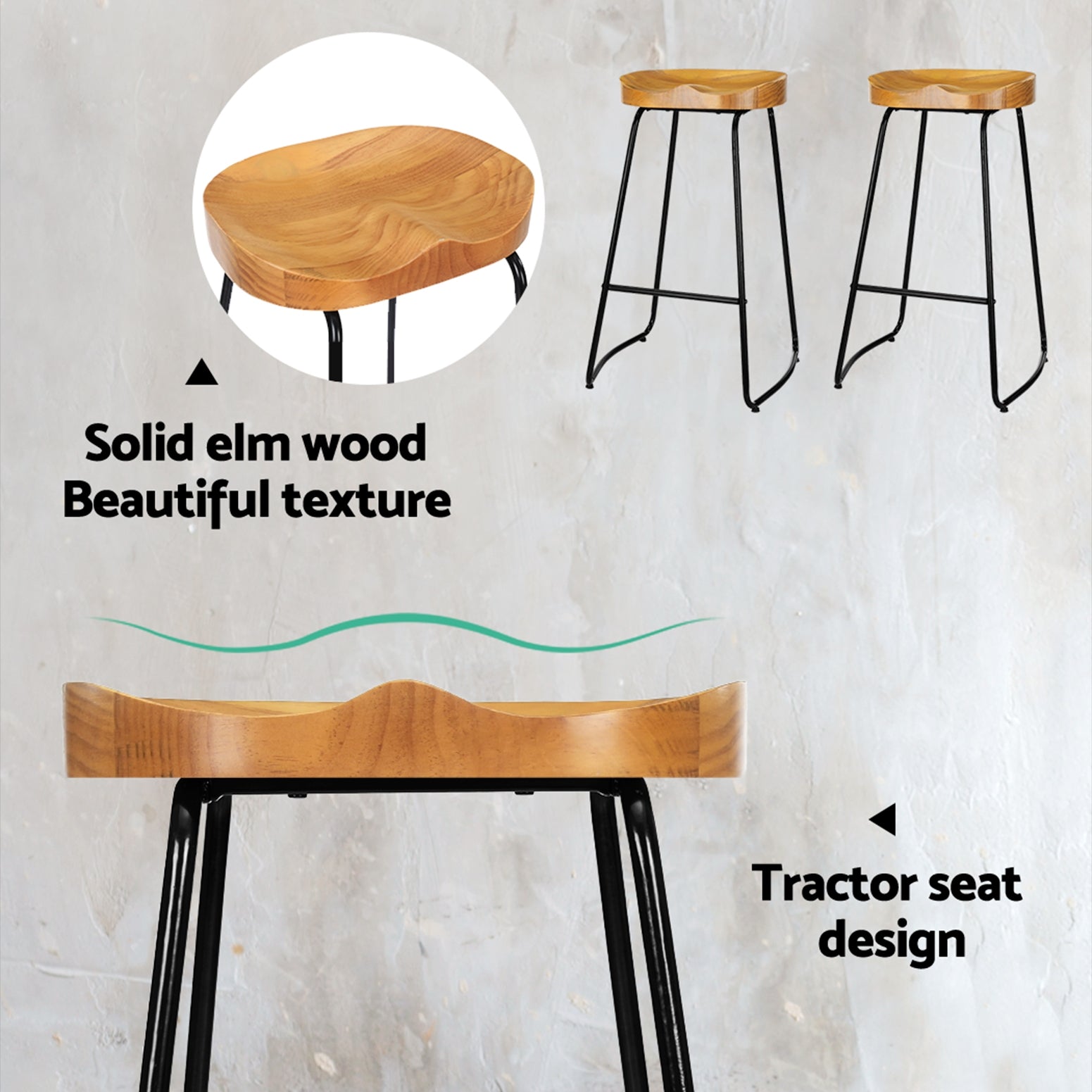 Zenith Elm Wood Backless Bar Stools – Black & Natural – Set of 4