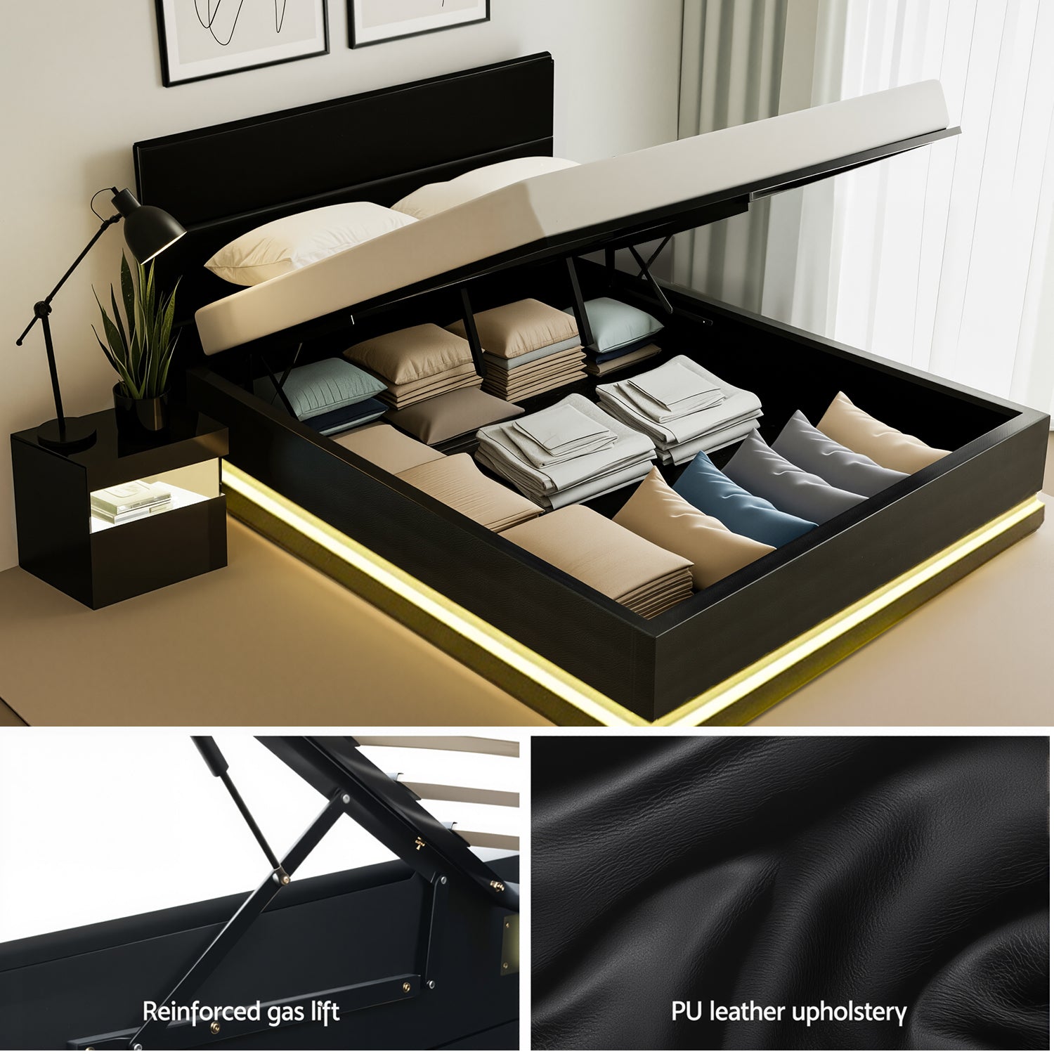 Lumina LED Bed Frame with Bedside Table – Black – Double